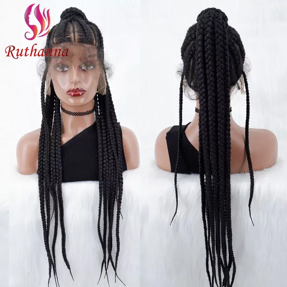 Full Lace 36 Inch High Ponytail Afro Braided Wig 100% Hand Weaving Synthetic Wig For Women Baby Hair Jumbo Braided Lace Wig