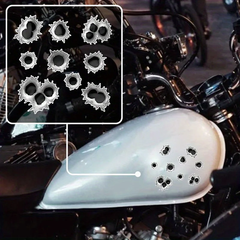 Realistic Bullet Hole Vinyl Decals, Waterproof Self-Adhesive Stickers for Motorcycle Fuel Tank, Helmet, Car Window, Mirror