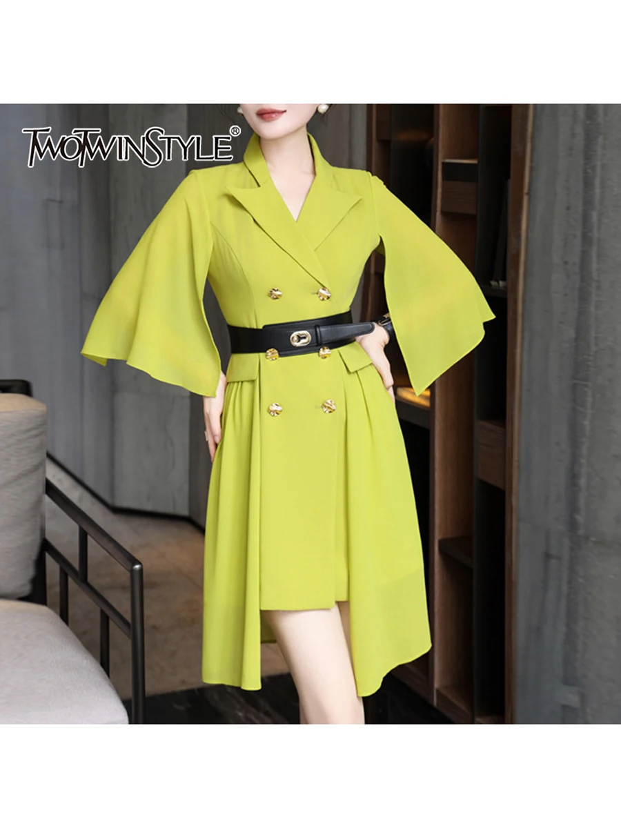 TWOTWINSTYLE Solid Sheer Spliced Belt Temperament Dresses for Women Lapel Half Sleeves Patchwork Double Breasted Dress Female
