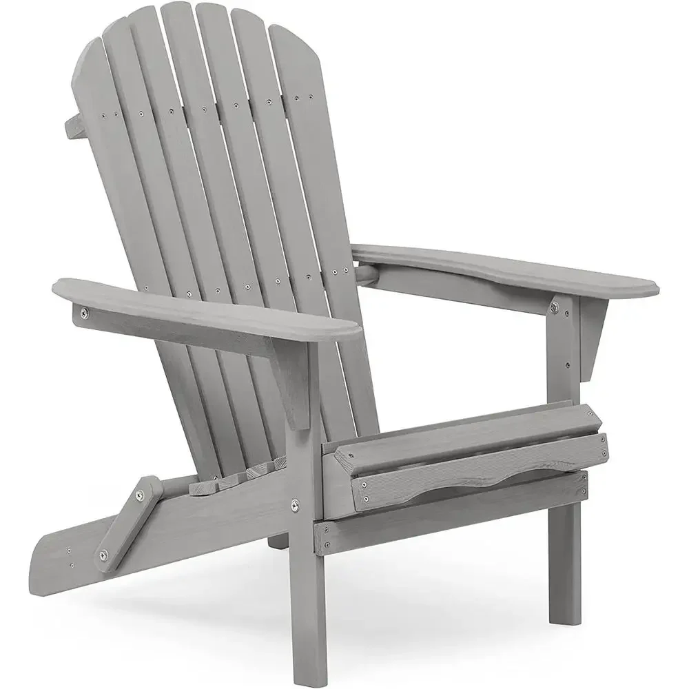 Wooden Foldable Adirondack Chair Set of 2 Outdoor Patio Lounge Chair Gray Solid Cedar Wood Non-Voc Paint Coated Easy Assembly &