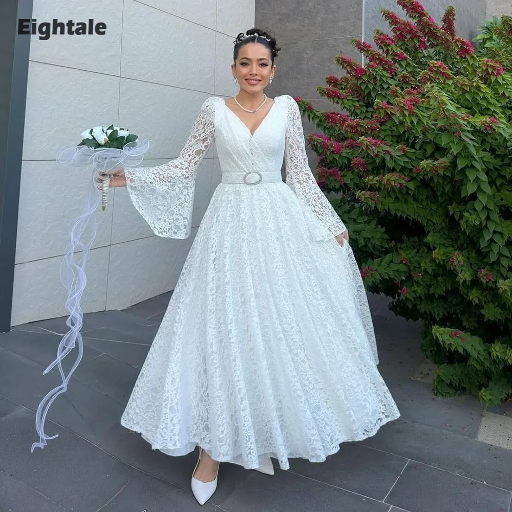 Eightale vestido de casamento árabe personalizado marfim cetim chá comprimento vestido de noiva muçulmano a linha com decote em v renda vestido de festa de noiva