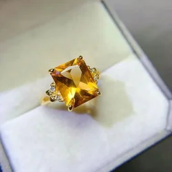 Pure Natural Citrine Ring 9mm*11mm 4ct VVS Grade Genuine Citrine Ring Thick 18K Gold Plated 925 Silver Crystal Jewelry