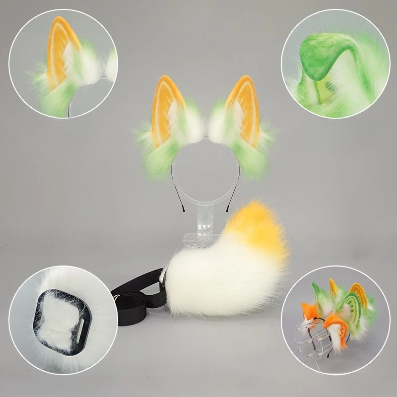عصابة رأس على شكل آذان حيوانات واقعية للهالوين |   لوليتا آذان أرنب مصنوعة يدوياً KC + مجموعة ذيل للحفلات التنكرية