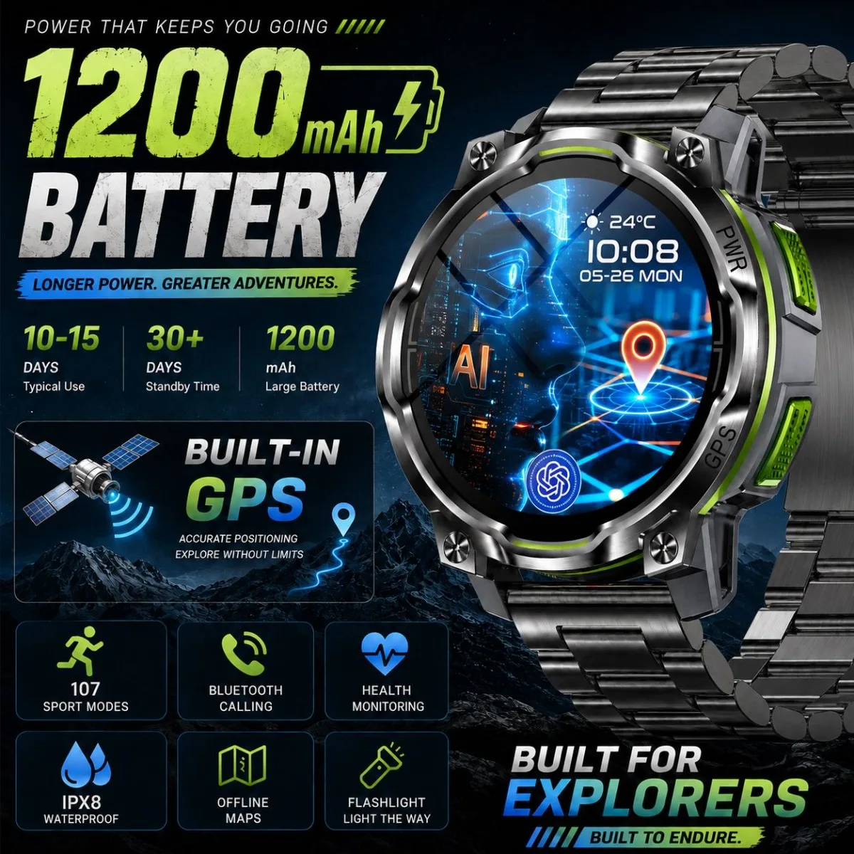 Smart Watch Men: GPS 1200mAh Battery Sports Mode AI Voice Assistant Bluetooth Call Fast Charging Sports Mode Smartwatch 2026 New