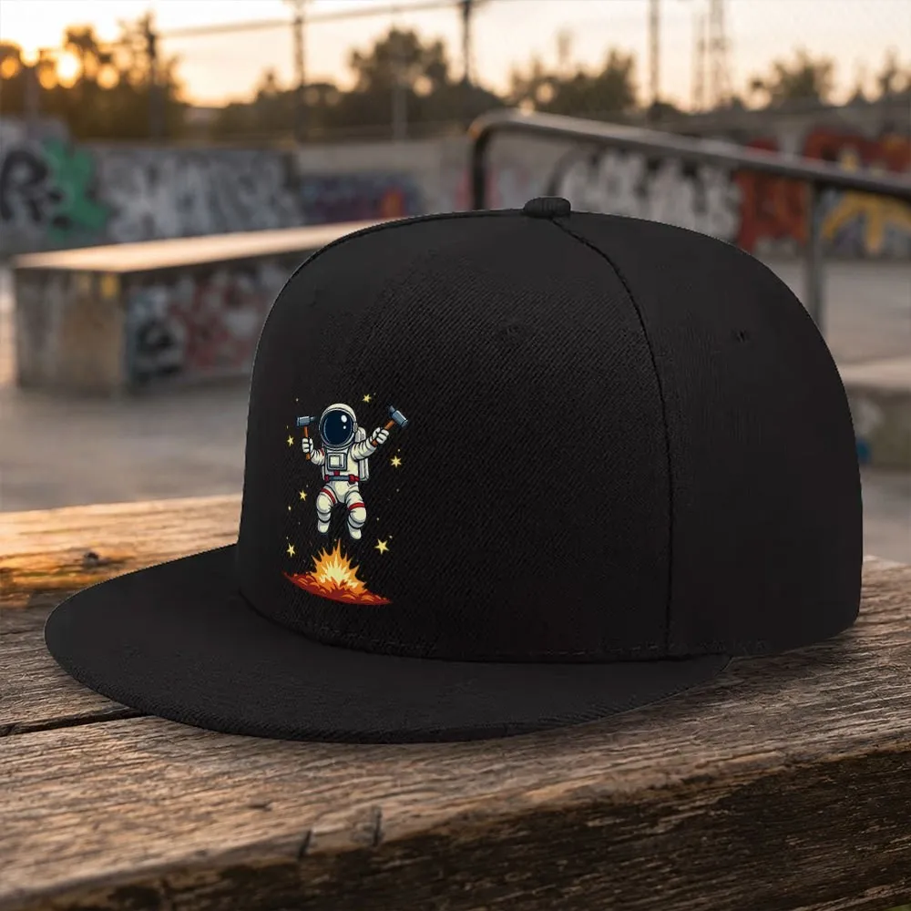 Astronaut Hammer Print Flat Brim Baseball Cap Unisex Adjustable Outdoor Casual Hat