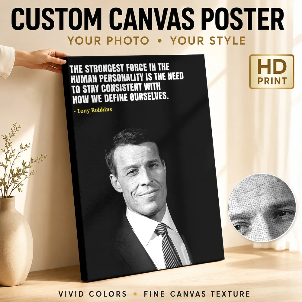 Tony Robbins Quote Framed Canvas Print Customized Photo High Contrast Monochrome Wall Art For Reading Nook Housewarming Gift