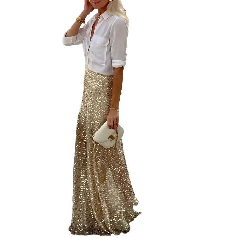 Women High Waist Sequin Maxi Skirt Sparkly Glitter Floor Length Flowy Long Skirt Party Evening Cocktail Skirt for Ladies