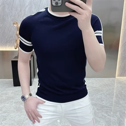 Summer Knitted Striped T-shirt for Men Elastic Ice Silk Short Sleeve Round Neck T-shirt Slim Fit Casual Business Tee Tops M-4XL