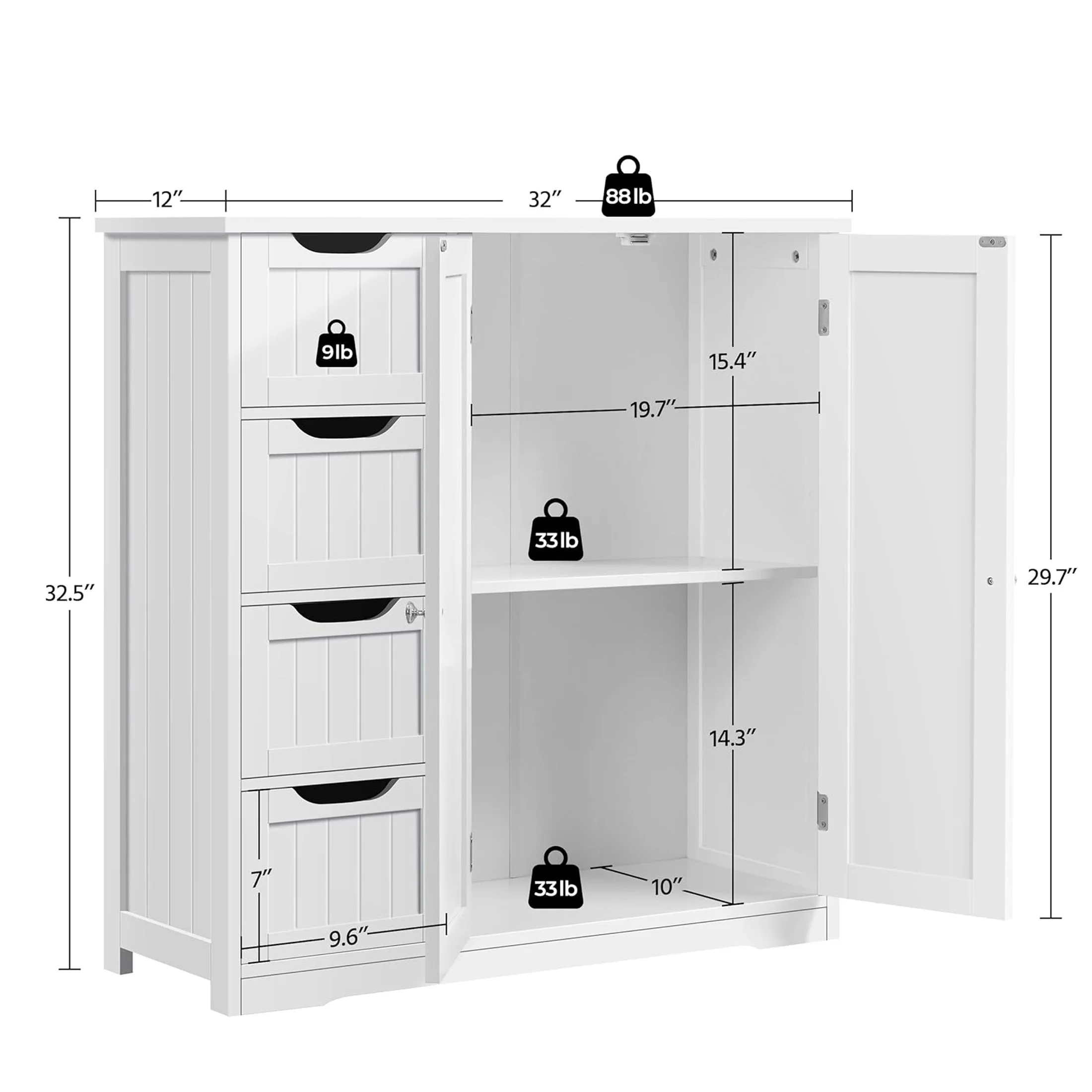 Wooden Bathroom Floor Cabinet, Freestanding Side Storage Organizer with 4 Drawers and Double Doors, Entryway Console Table for Living Room, Bedroom, Hallway, White