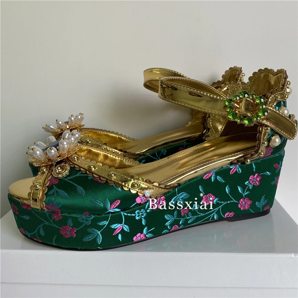 Luxury Embroidery Flower Satin Wedges Sandals Women High Platform Diamond Crystal Buckle Ankle Strap Summer Shoes