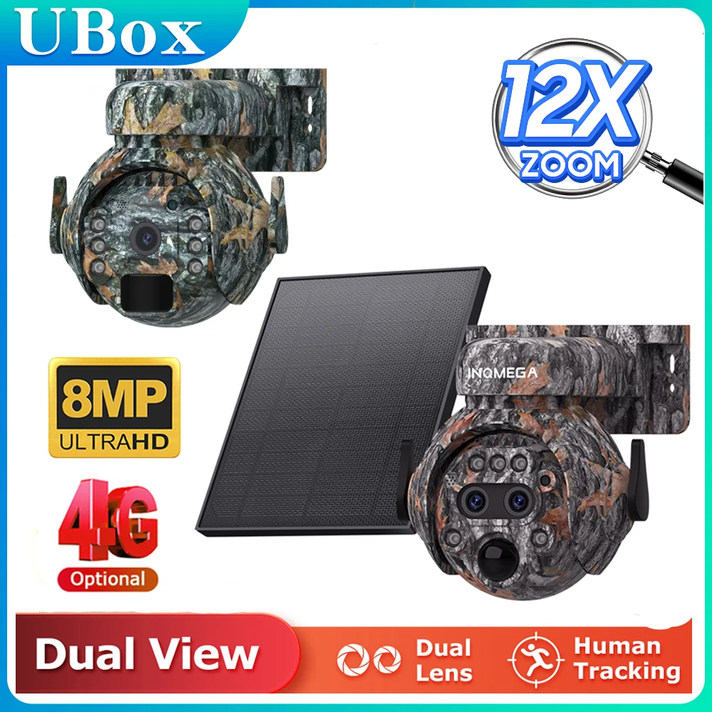 كاميرا INQMEGA 12X ZOOM 4K 8MP تعمل بالطاقة الشمسية بعدسة مزدوجة 4G 360 °   عرض كاميرا الصيد الخارجية الملونة المموهة ببطارية Ubox بقدرة 7800 مللي أمبير في الساعة