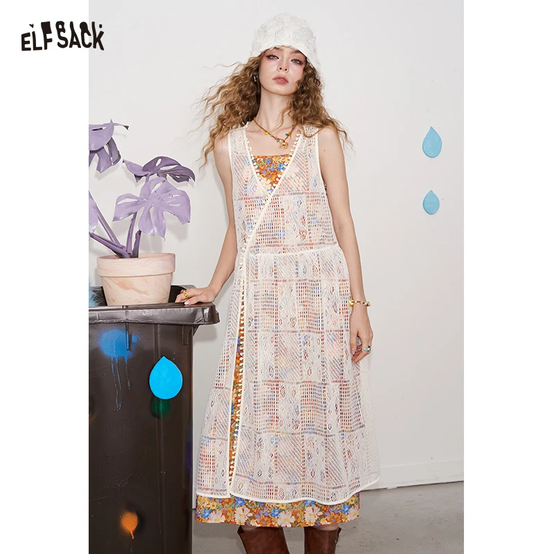 

ELFSACK 2025, Новое поступление лета, платье на бретельках с цветочным принтом в стиле бохо, комплект из двух предметов, длинное платье макси для женщин