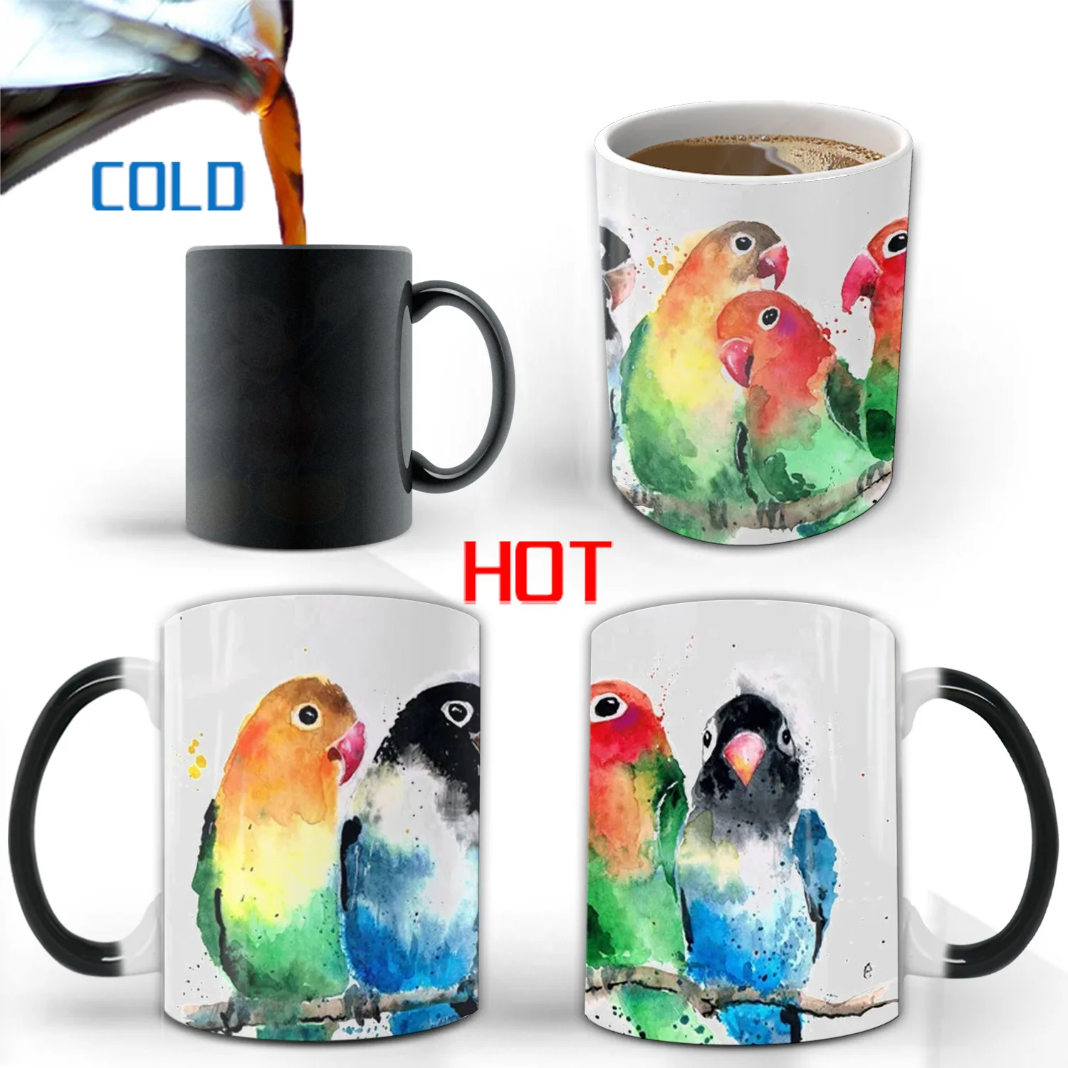 Watercolor Parrot Cups Pattern Cat Mug Creative Design Coffeeware Unique Drinkware Coffee Drink Tableware Tea Teaware Home Decal