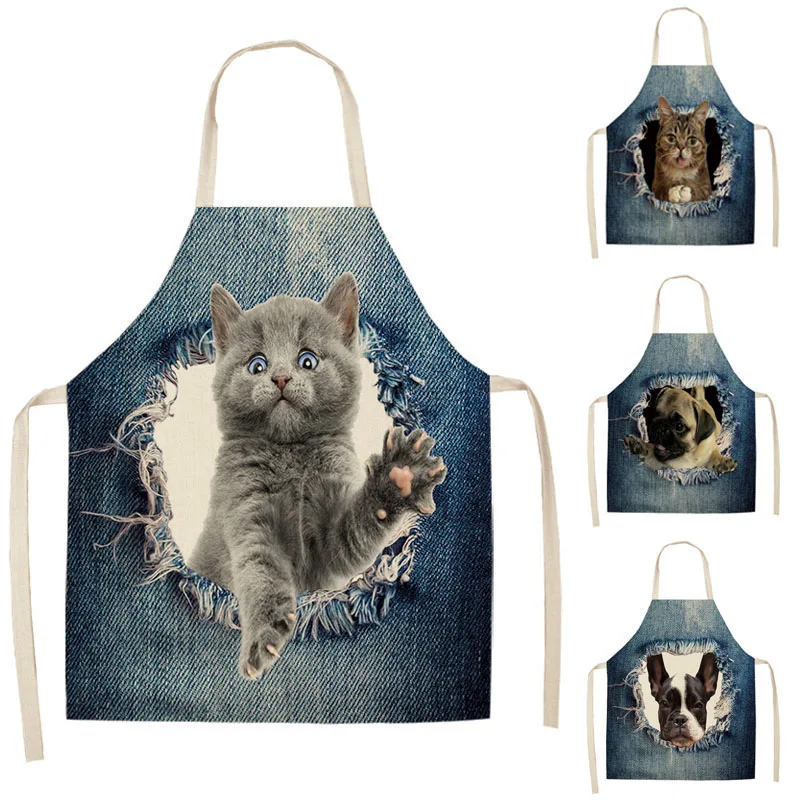 1Pc Cat Dog Pattern Kitchen Aprons Cotton Linen Unisex Dinner Party Cooking Bibs Funny Pinafore Cleaning Tools 55x68cm