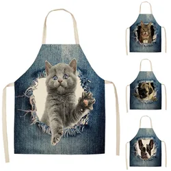 1Pc Cat Dog Pattern Kitchen Aprons Cotton Linen Unisex Dinner Party Cooking Bibs Funny Pinafore Cleaning Tools 55x68cm