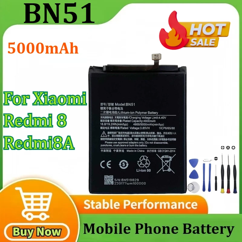 

New BN51 5000mAh Battery for Xiaomi Redmi 8/8A for Redmi 8A DUAL High Quality Phone Replacement Batteries +Tools