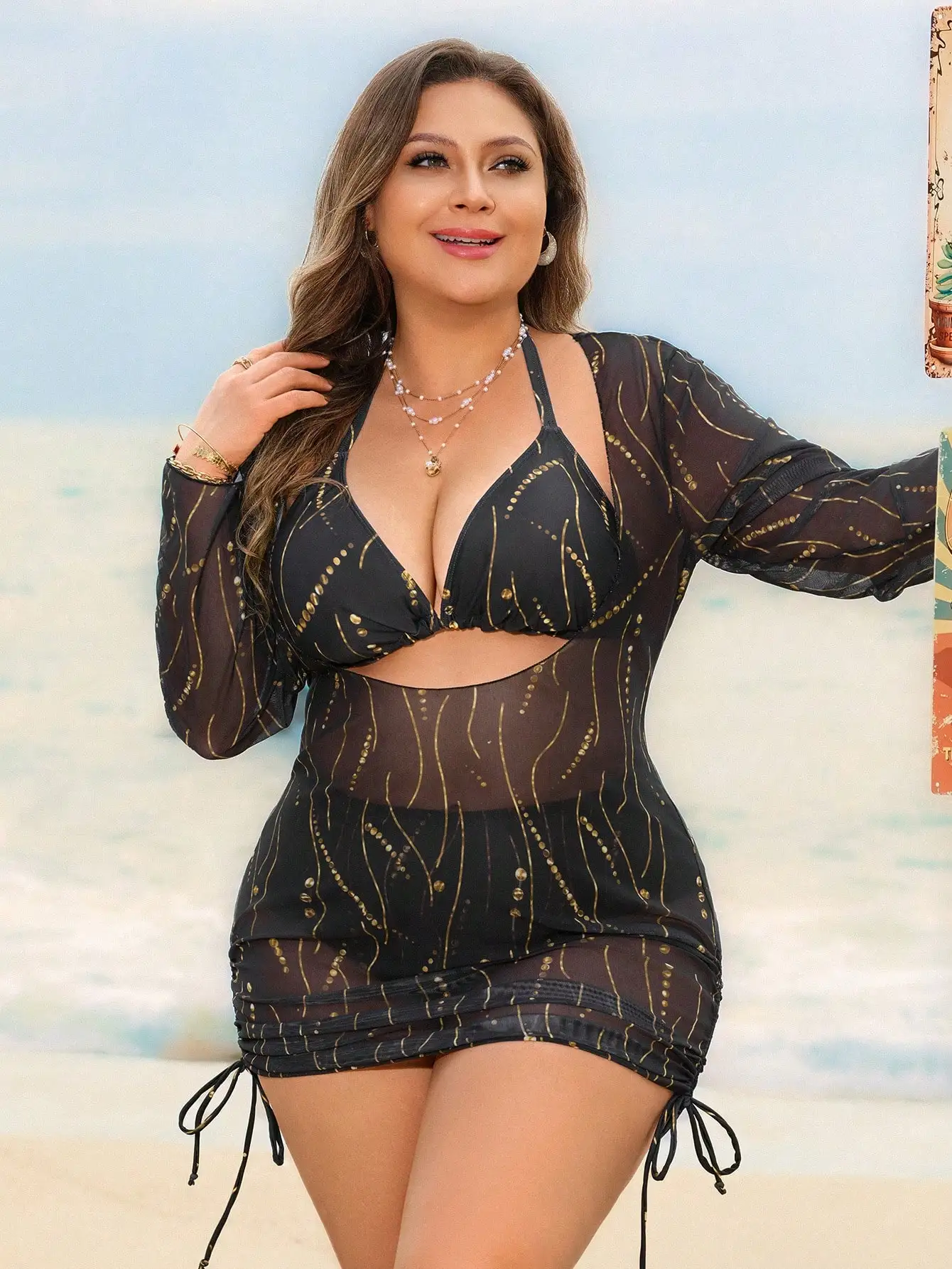 

Plus Size Women Summer Beach Print Halter Bikini Set With Sheer Cover Up