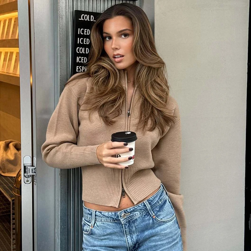 

Tornova Fashion Slim Sweater Cardigan For Women Waist-closing Long Sleeve Zipper Knitted Coat Fashion Solid Female Cardigan