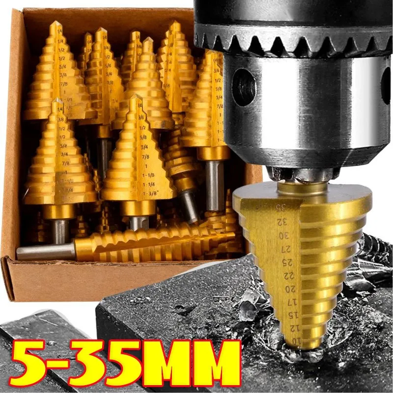 

5-35 Золотая титановая пластина, сверло-пагода, ступенчатое сверло из быстрорежущей стали, шестиугольное ступенчатое сверло с прямой канавкой, инструмент для расширения отверстий в дереве и алюминии