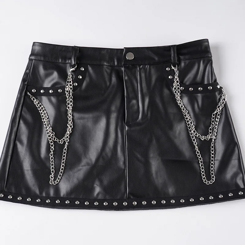 

Punk Style Metal Chain Rivet PU Leather Skirt Personalized Women's A-shaped Casual Skirt