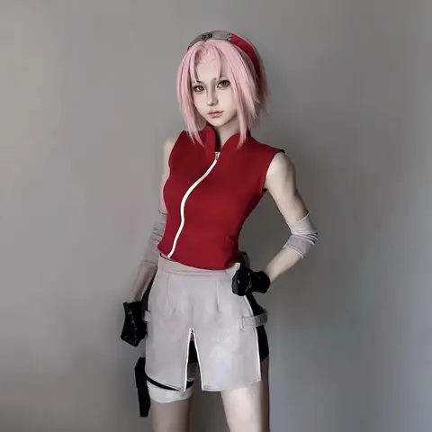 Anime Ninja Sakura Haruno Cosplay Costume Wig Combat Uniform Sets For Women Shippuden Halloween Carnival Party Dress Up