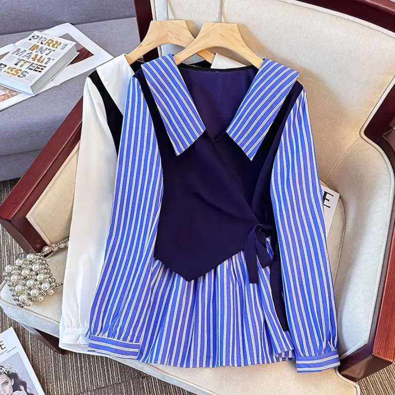 Chubby Sister Mm Shirt Women\'s Spring New Style Contrasting Color Striped Tie Waist Cinching Slimming Look Fake Two-piece Shirt