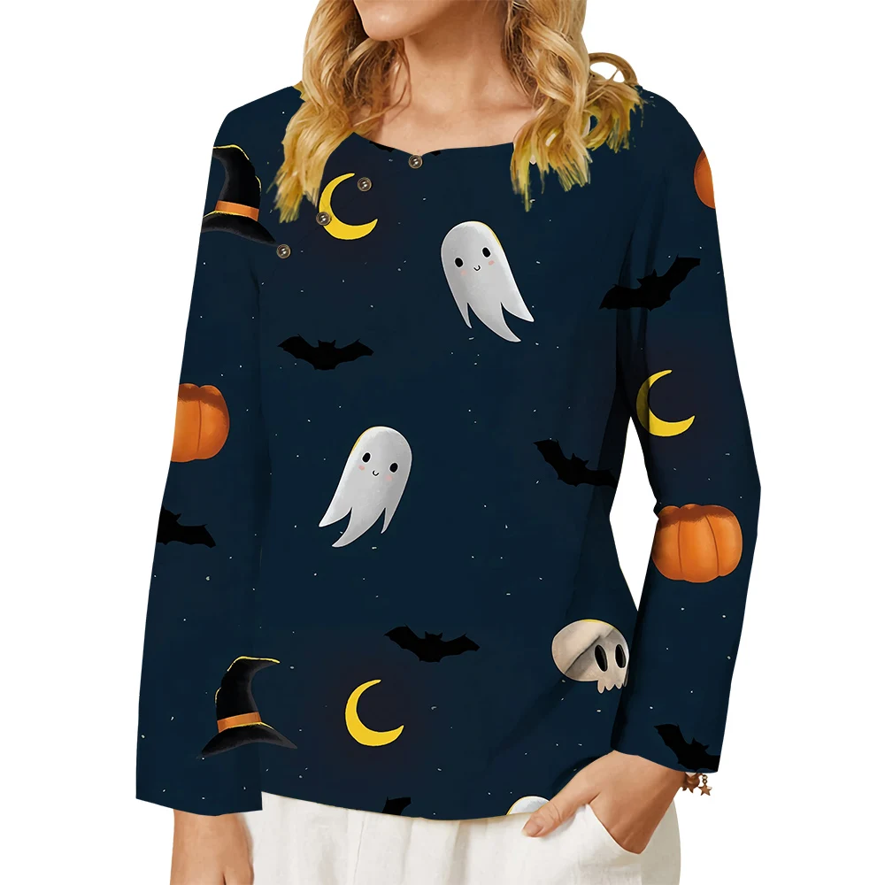 CLOOCL Halloween Women T-shirt Long Sleeve Tee Dark Night Goblin Magic Hat Jack-o-lantern 3D Print Shirt Button Decorate Tops