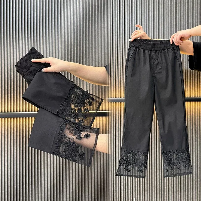 Pants Spring Summer Black Lace Patchwork Cropped Casual Lightweight Slimming Versatile Elastic Waist Straight Leg Trousers