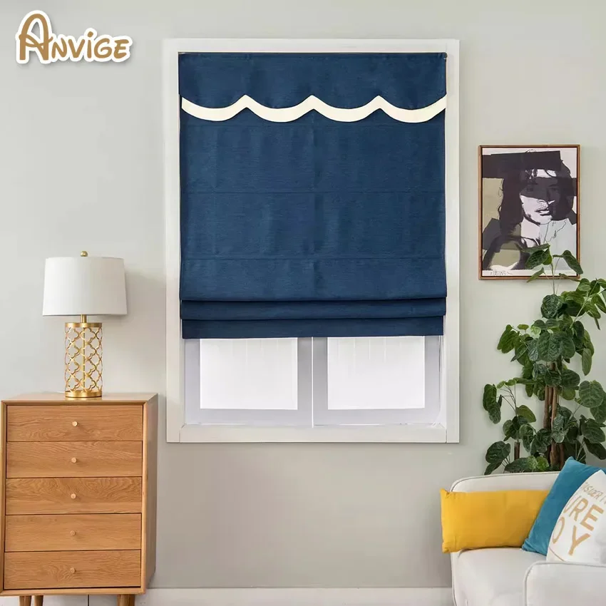 

Modern Motorized Nave Blue Flat Roman Shades Customized Roman Blinds With Installation Included