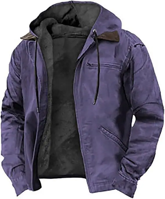 Men's Solid-Color Hooded Cotton Jacket Casual Trendy Fleece Zipper Pocket Winter Coat for Outdoor Wear