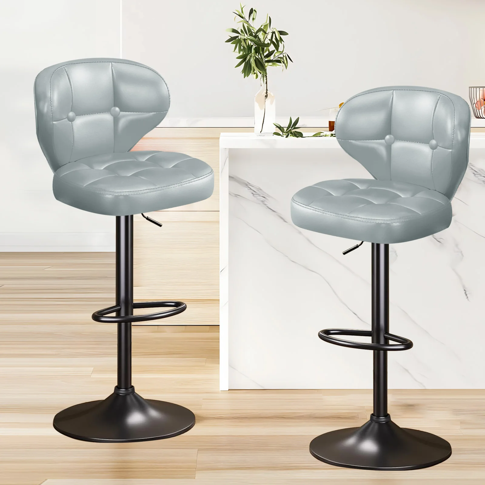 مجموعة مقاعد البار مكونة من 4 قطع، كراسي دوارة بارتفاع قابل للتعديل مع مسند ظهر، مقاعد جزيرة المطبخ من جلد البولي يوريثان لبار المنزل