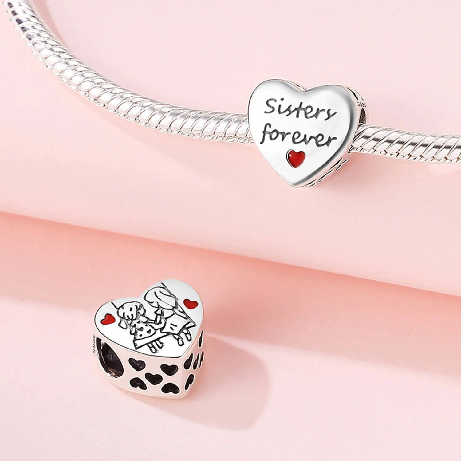MISEFF S925 Sterling Silver Charms Family Friendship Sisters Love Heart Bead Women Fashion DIY Jewelry Making Birthday Gift