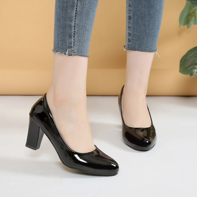 

Spring Autumn Women Office Chunky Heel Pumps Shoes Patent Leather Round Toe Non-Slip Casual Comfortable Shoes