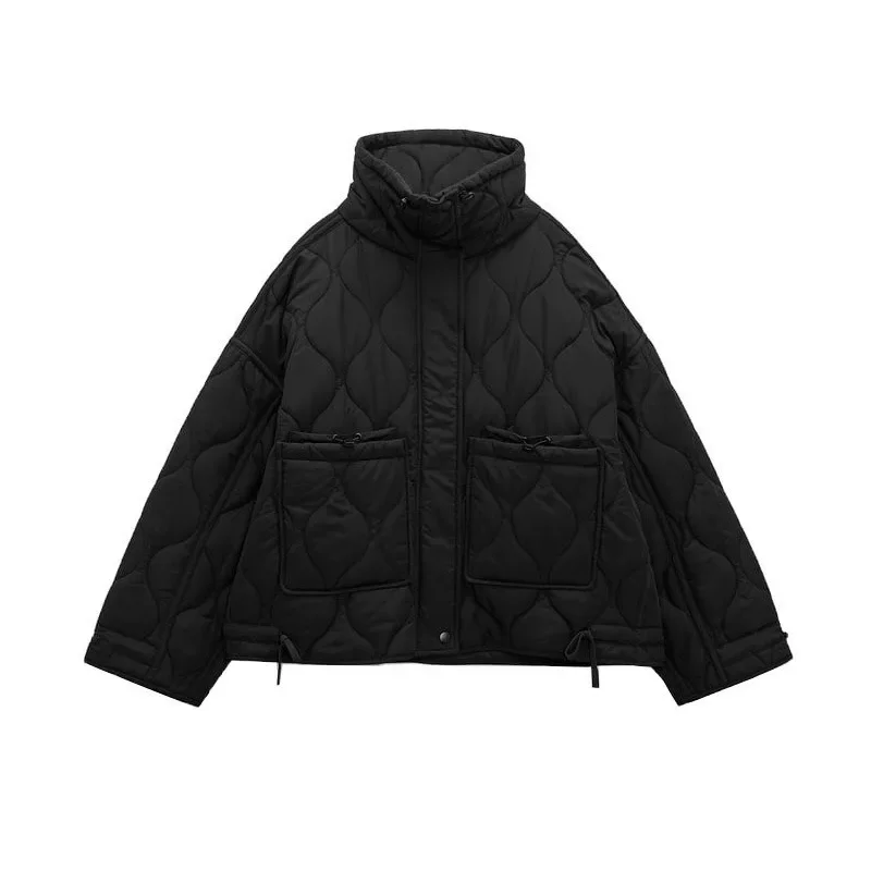 通勤レトロ婦人服ルーズ長袖レースアップショートジャケットグリーン巾着スタンドカラーポケット飾り女性コート