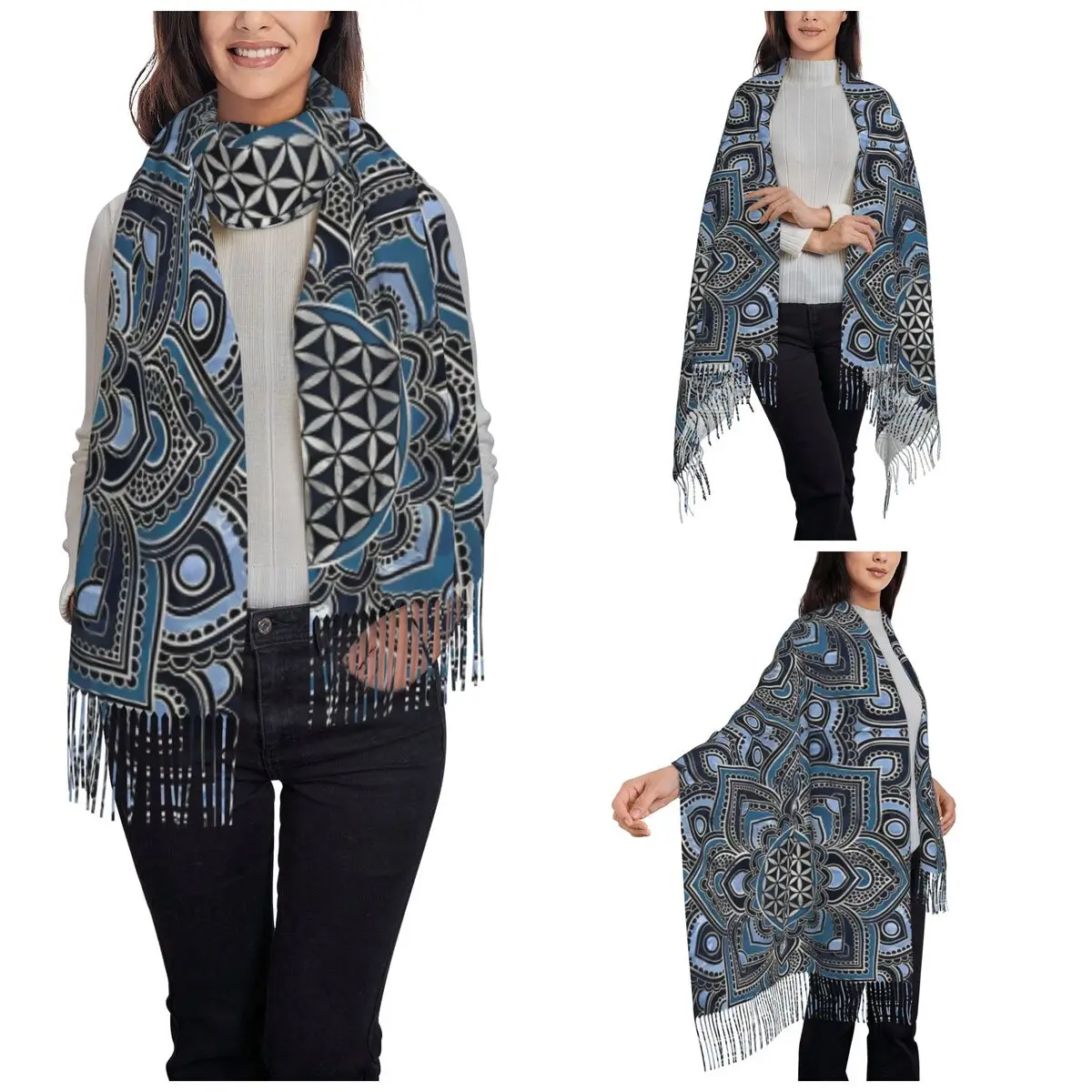 Flower Of Life In Lotus Mandala Blue Crystal And Silver Scarf for Womens Fall Winter Shawls and Wrap Large Shawl Scarf