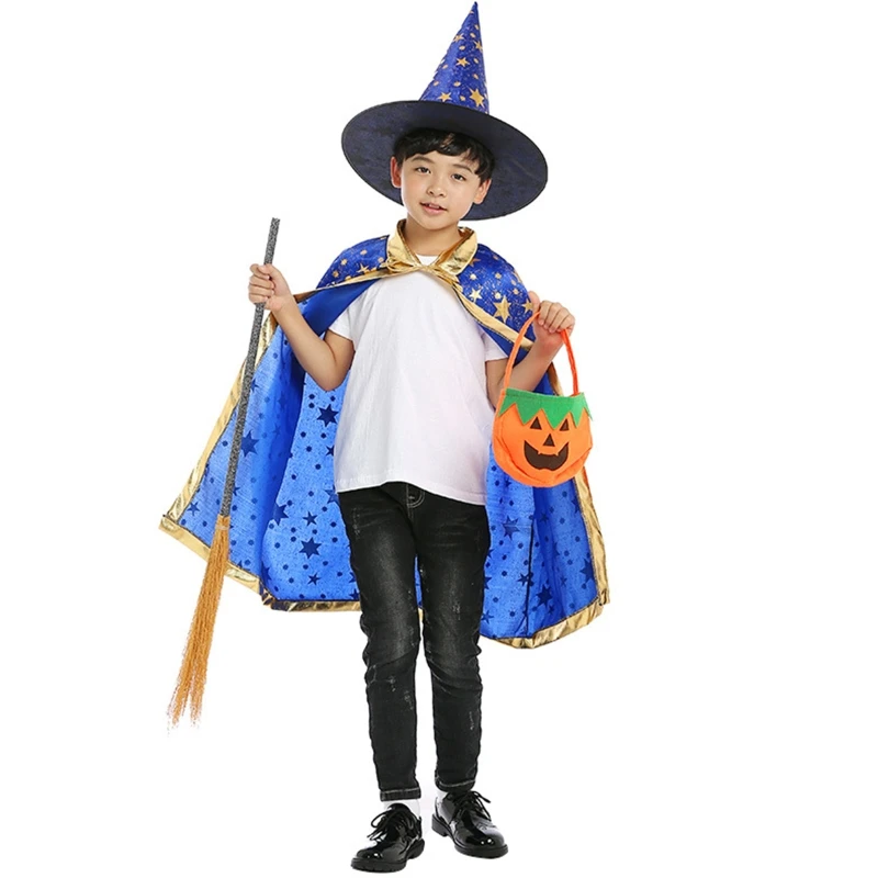 Halloween Witch Wizard Hat + Cape Suit Party Costume Headgear Devil Cap Cosplay Props Decoration for Children Boys