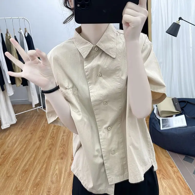2024 New Summer Elegant Fashion High Waist Women's Shirt Korean Style Retro Loose Casual Short Sleeve Polo Neck Y2K Chic Tops