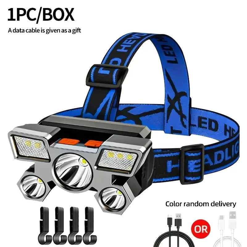 5LED High Power Headlamp, Super Bright Rechargeable Fishing Camping Light, Long Distance Head Mounted Mining Lamp, Flashlight