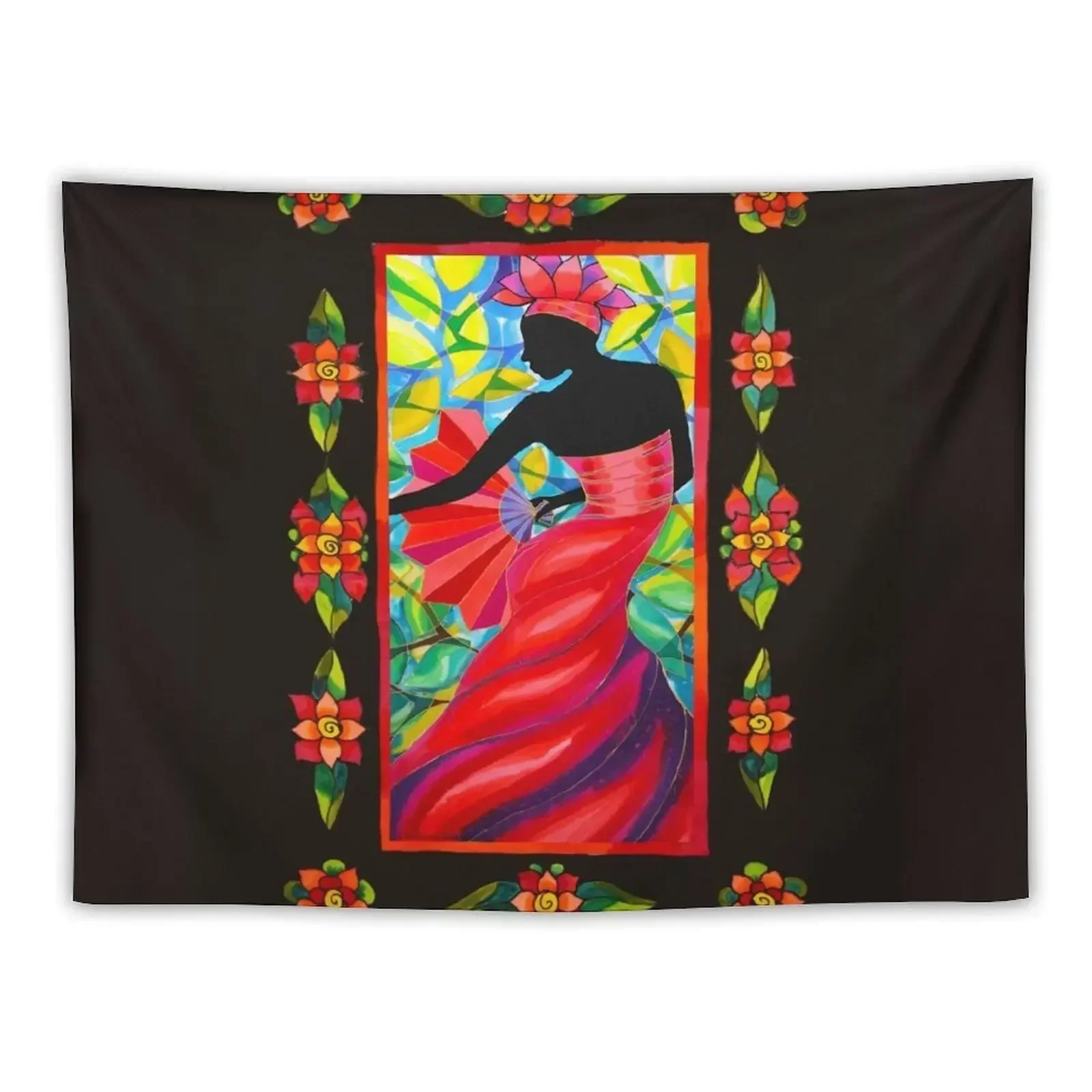 Red Dress Fan Dancer with Mestizo Border Belize Tapestry Decorative Paintings Room Design Luxury Living Room Decoration Tapestry