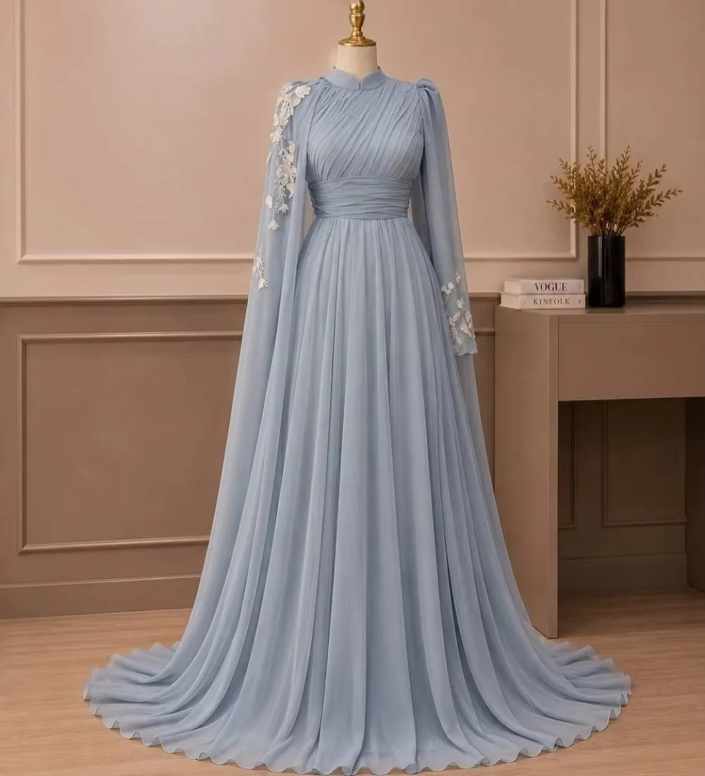 Heavy‑embroidery long‑sleeve chiffon evening gown, flowy trailing hem with modest cut. Suitable for Dubai, Saudi banquet and wed