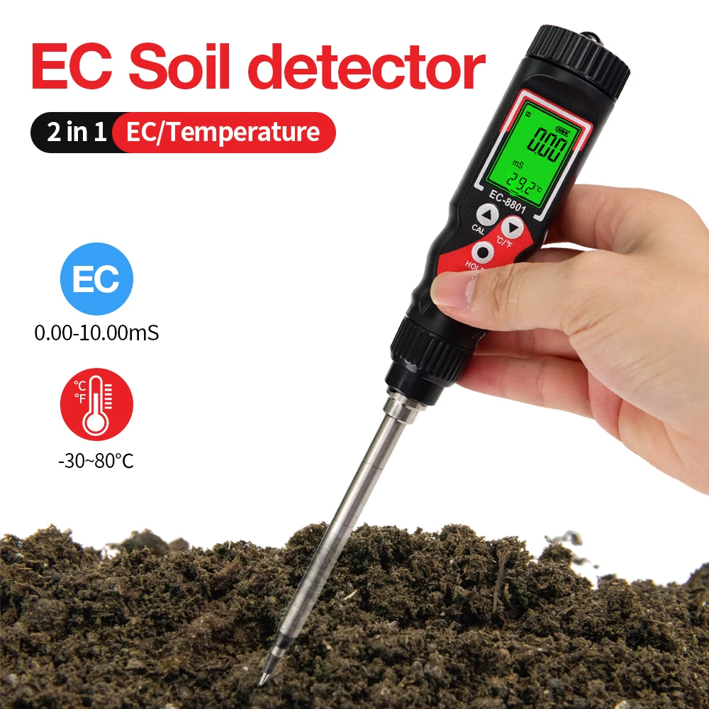 EC8801 High Accuracy Soil EC Meter 0.00-10.00mS Soil Temperature Conductivity Tester Soil Analyzer for Flower Gardening Farming