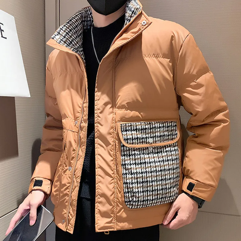 Stand Collar Houndstooth Stitching Duck Down Jacket Men Winter Fashion Thickened Business Coat Men Wear Duck Down Jacket Men