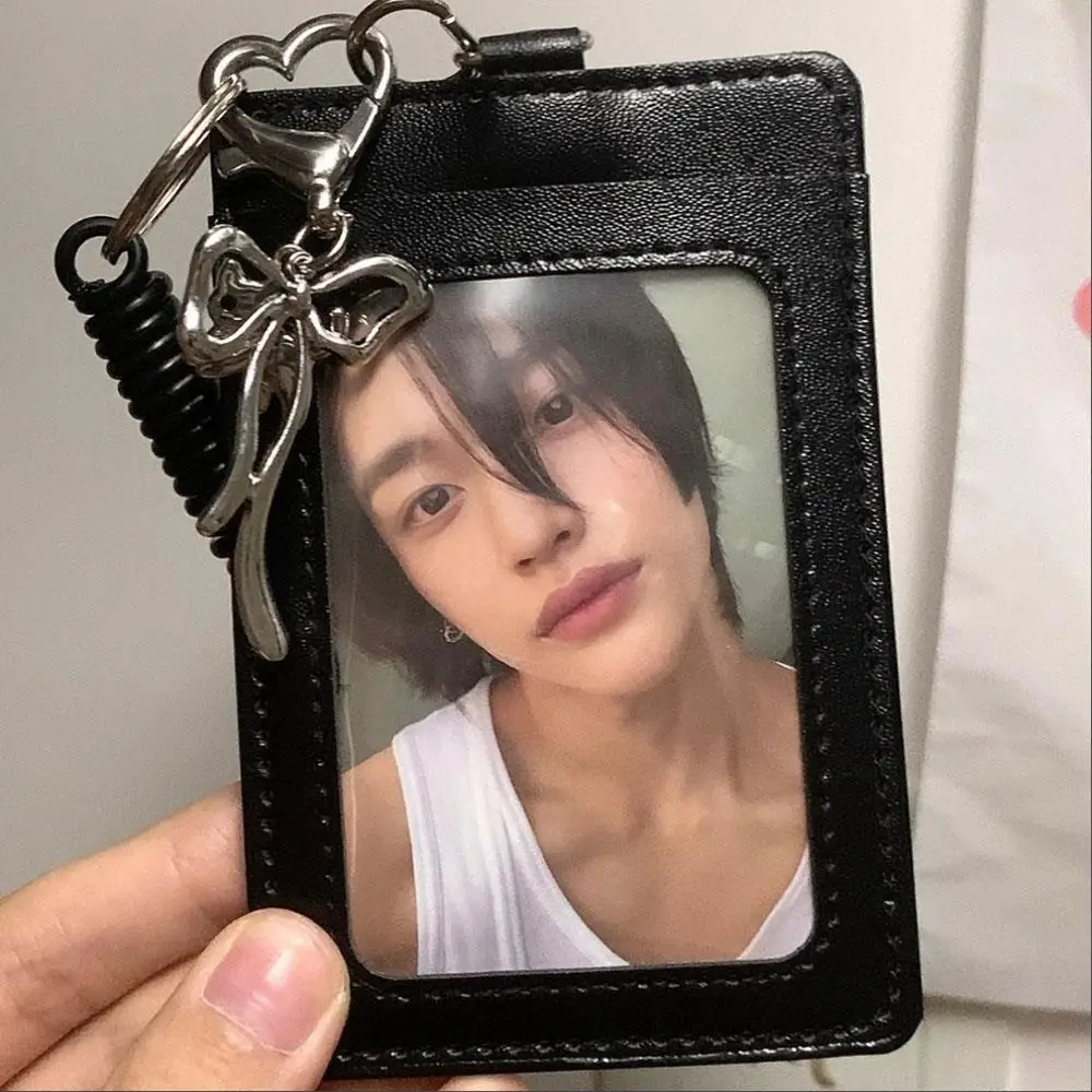 Black Leather Card Holder Student Campus Card Holder Bowknot Bag Pendant Keychain DIY INS Korean Version Cute Photocard Holder