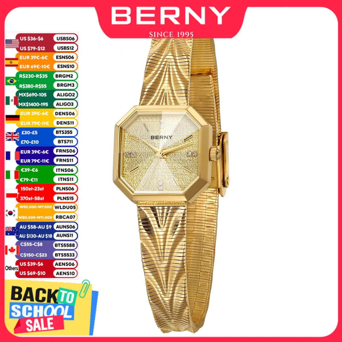 Jewelry Watches Gold - BERNY Golduhr für Damen, Körnungszifferblatt, achteckige