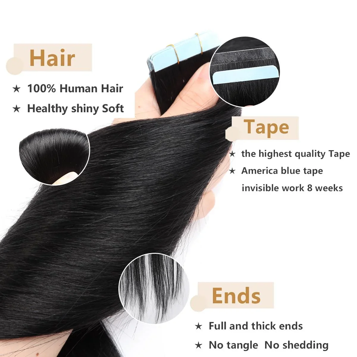 PROKYVITY 20pcs Invisble Tape In 100% Real Remy Hair Extensions Brazilian Straight Skin Weft Adhesive Salon Quality for Women