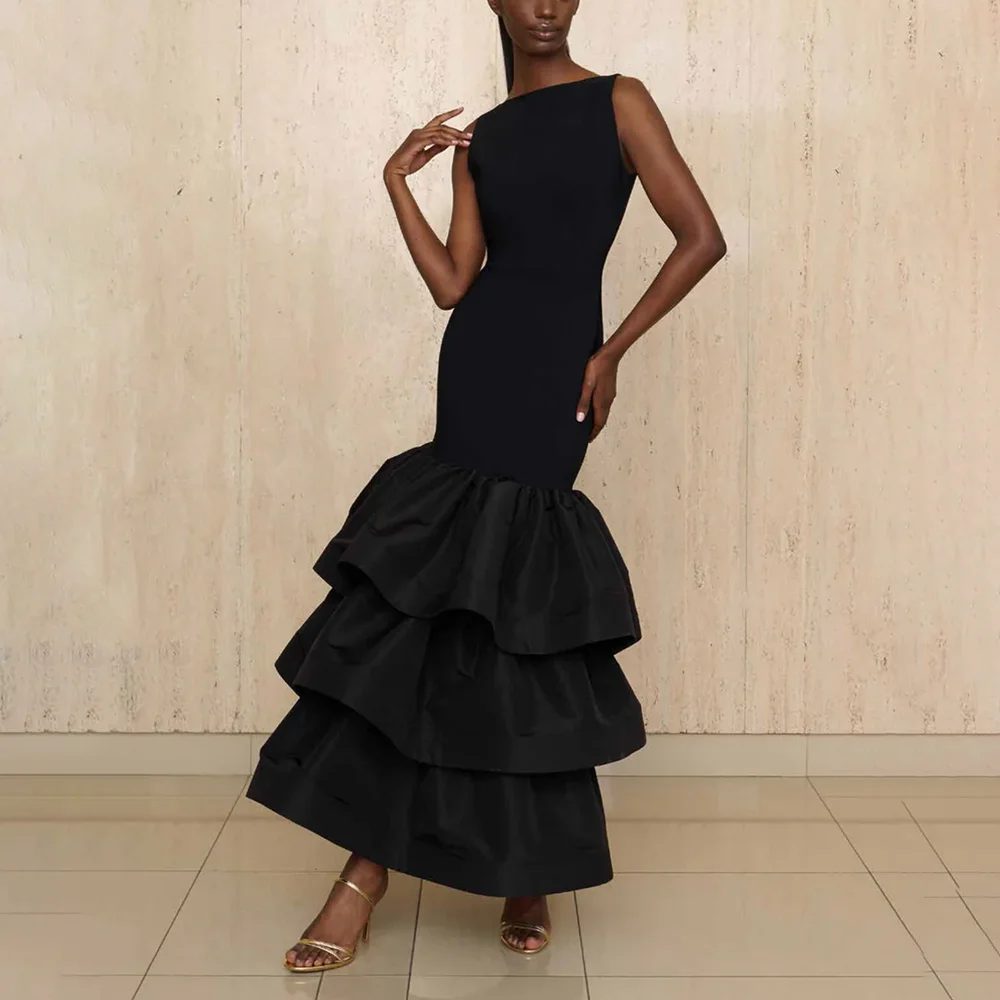 Elegant Black Mermaid Evening Dresses Chic Tiered Pleat Prom Gowns Slim Fashion Sleeveless Ankle Length Formal Party Dresses