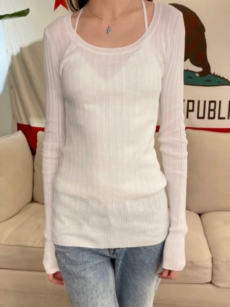 

Slim Fit Long Sve round Ne Knitted Sweater Women's Thin Vertical Striped Comfortable Cotton Warm Autumn Top Brandy