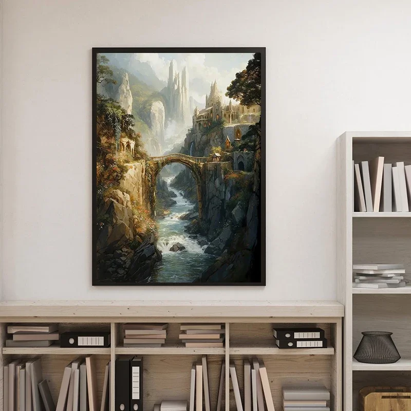 Large-sized Fantasy Steam Train Wizard Magic School Canvas Painting Rivendell Poster Print Wall Art for Living Room Home Decorat