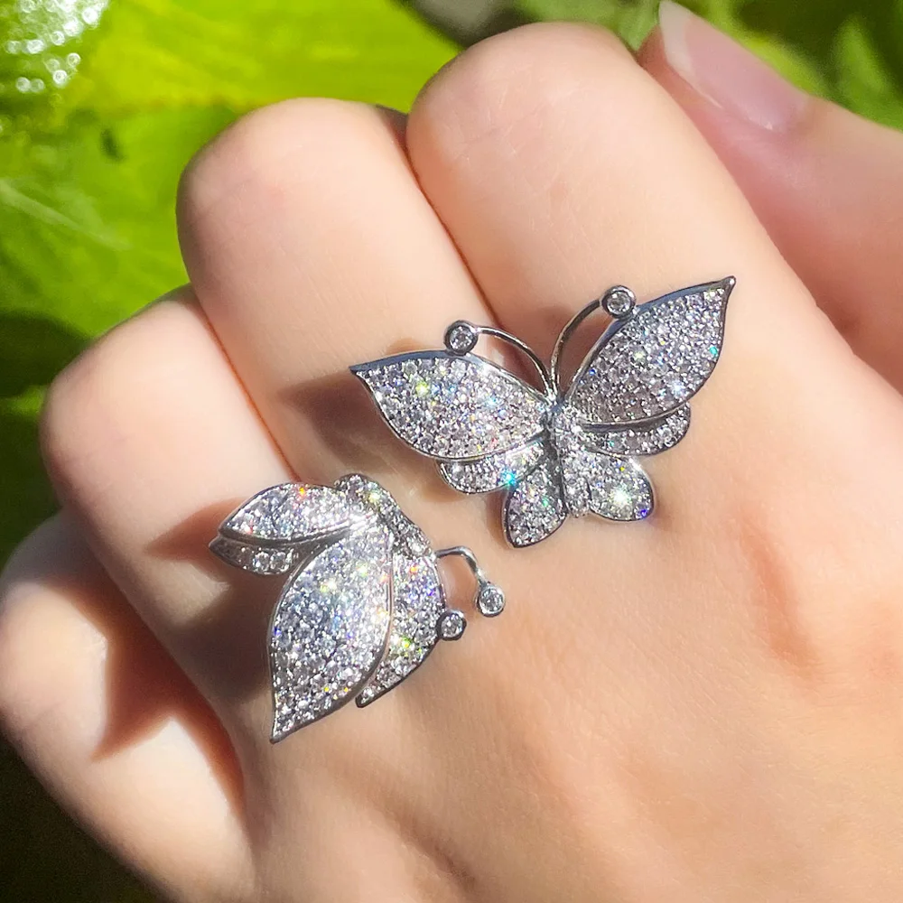 CWWZircons Micro Inlay Cubic Zirconia Silver Plated Open Cuff Adjustable Butterfly Rings for Women Engagement Accessories R221