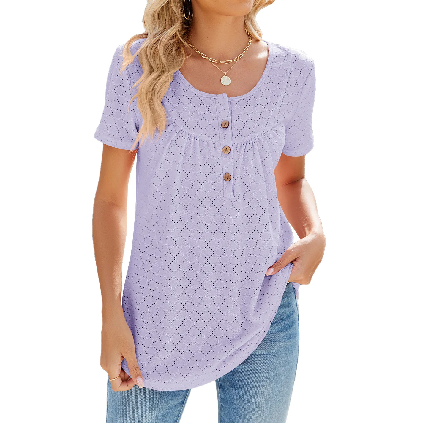 Loose short-sleeved T-shirt for women 2024 Summer new solid color round tie button short-sleeved top for women